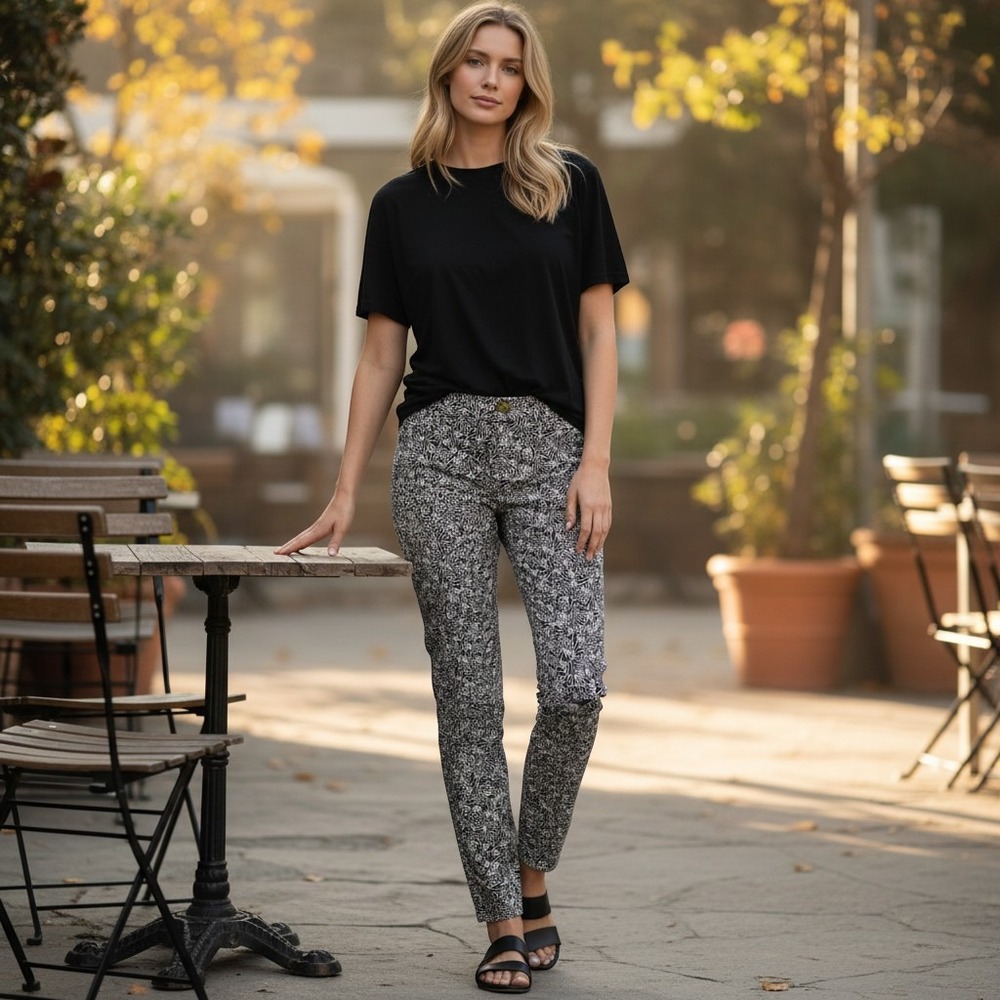 Anthropologie Pineapple Print Slim Ankle Pants‎ Womens 10 Black White Tropical